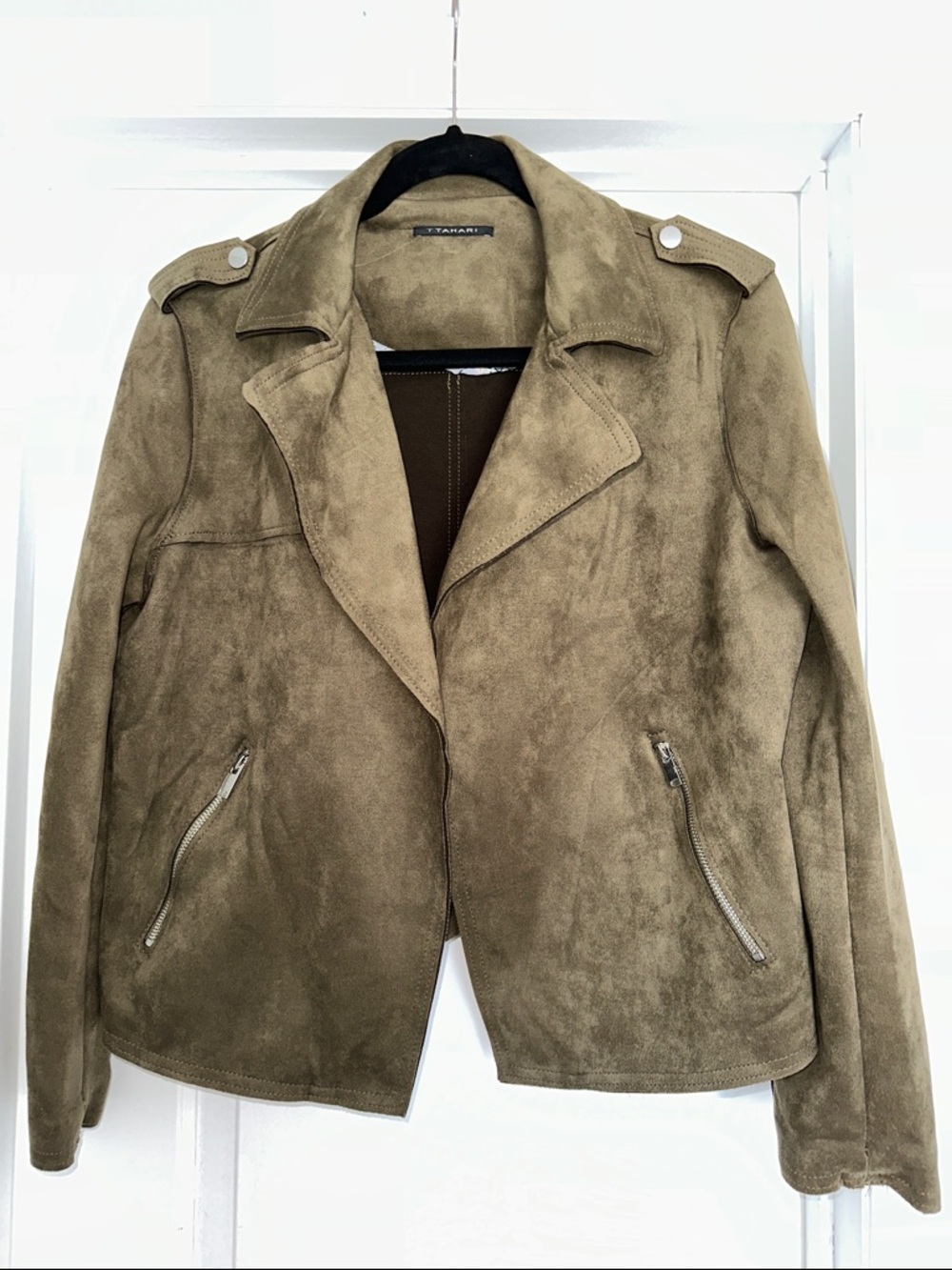 Tahari Olive Suede Moto Jacket